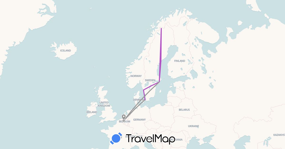 TravelMap itinerary: driving, plane, train in Belgium, Denmark, Sweden (Europe)