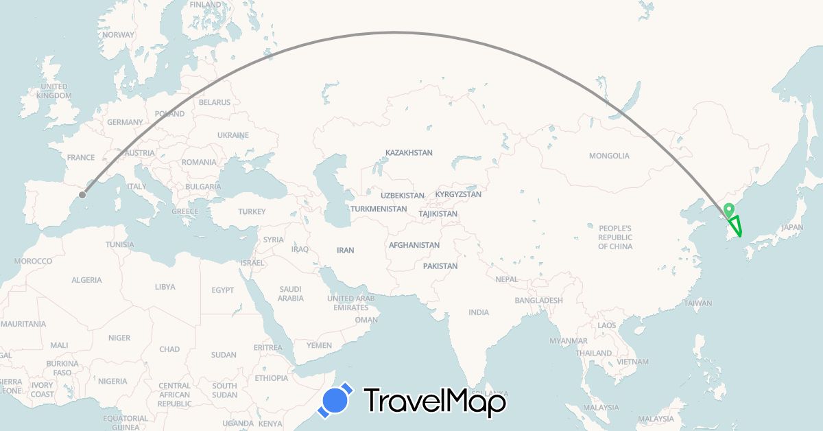 TravelMap itinerary: driving, bus, plane in Spain, South Korea (Asia, Europe)